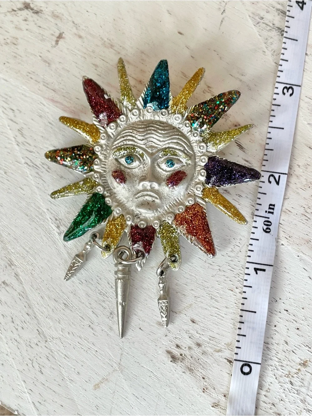 Vintage Silver-Tone Celestial Glitter Sun Face Brooch
